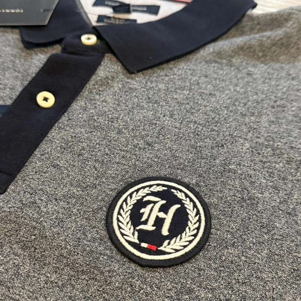 Tommy Hilfiger NWT Men's 3XL Slim Fit Crest Polo Heather Gray Navy Contrast New - Picture 2 of 7